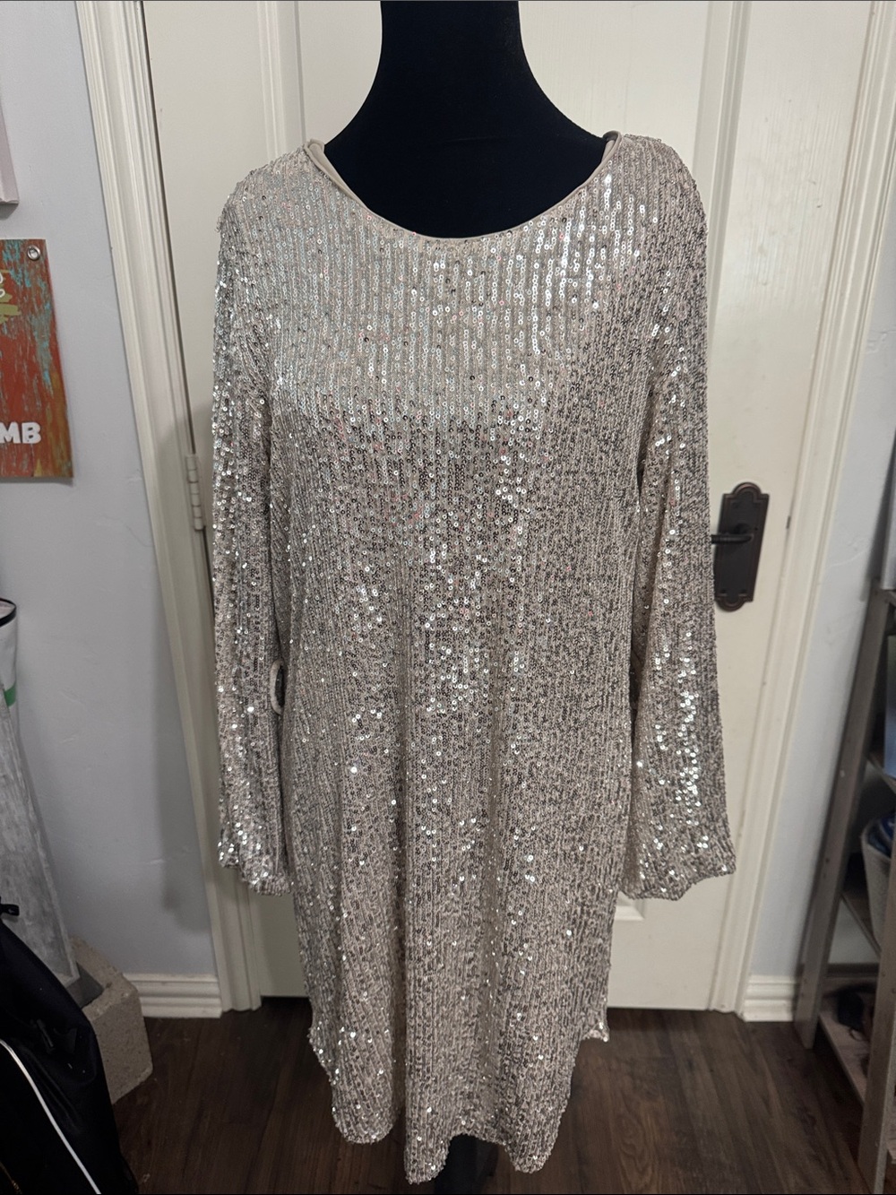 Impressions Silver Sequin Long Sleeve Shift Dress